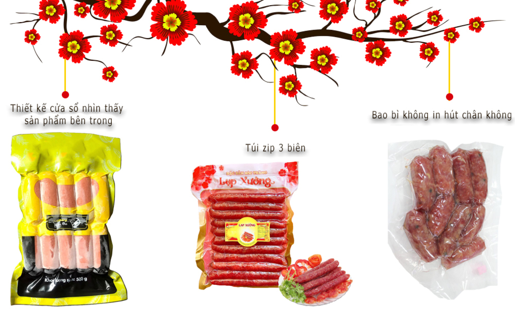 Lạp xưởng đóng gói hút chân không với bao bì chuyên dụng